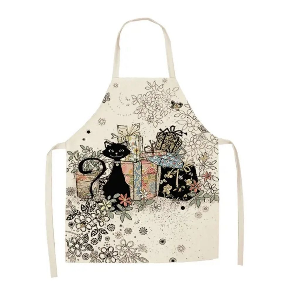 Kitchen or Housework Apron in Linen Printed with Cute Cat